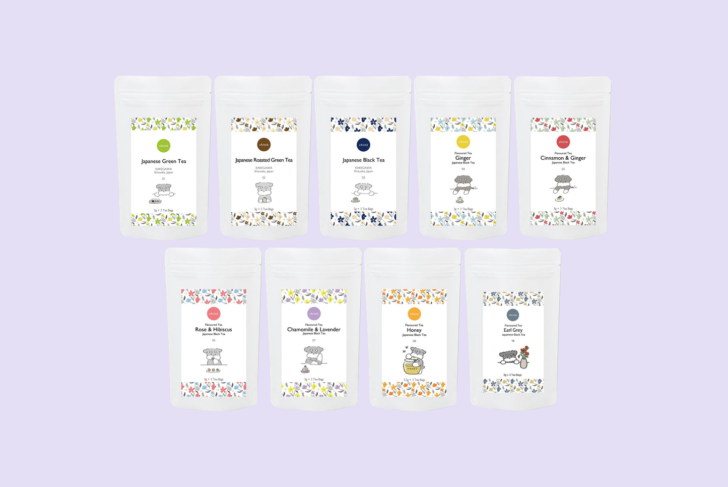 <Haga clic en Publicar exclusivo> chittö Juego de comparación de bebidas de TÉ JAPONÉS recomendado de 8 tipos, 3 piezas de varias bolsitas de té con perros.